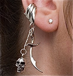 Silver Skull and Scimitar Ear Cuff