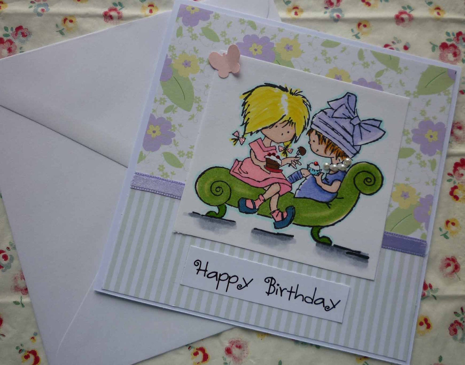 HAPPY BIRTHDAY - Handmade blank greeting card with sweet little girlfriends