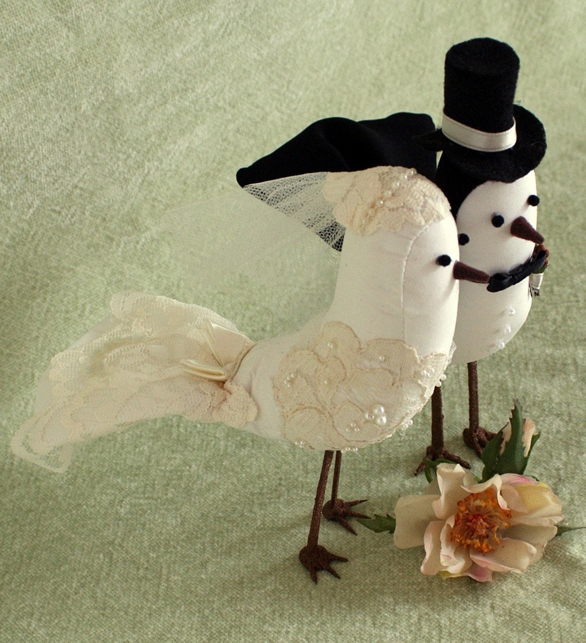 Bird Cake Topper - Fabric Birds with alencon lace applique - Wedding Cake Topper