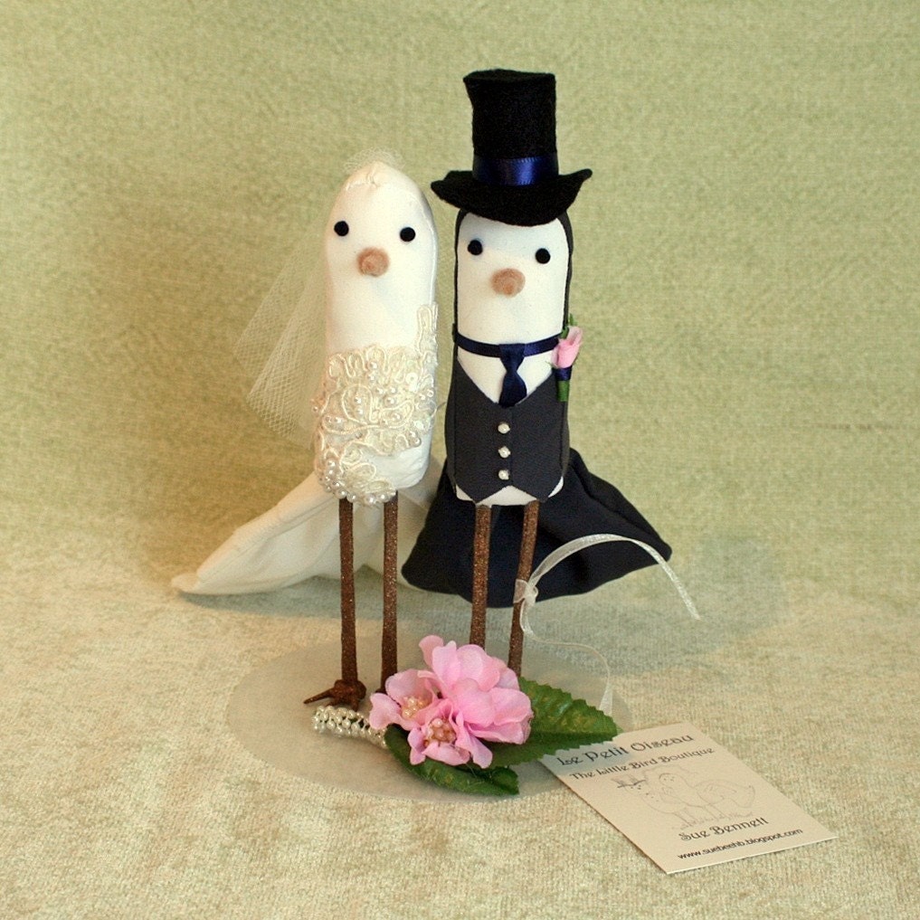 Bird Cake Topper - Wedding Cake Topper - Groom with vest and Bride with alencon lace applique