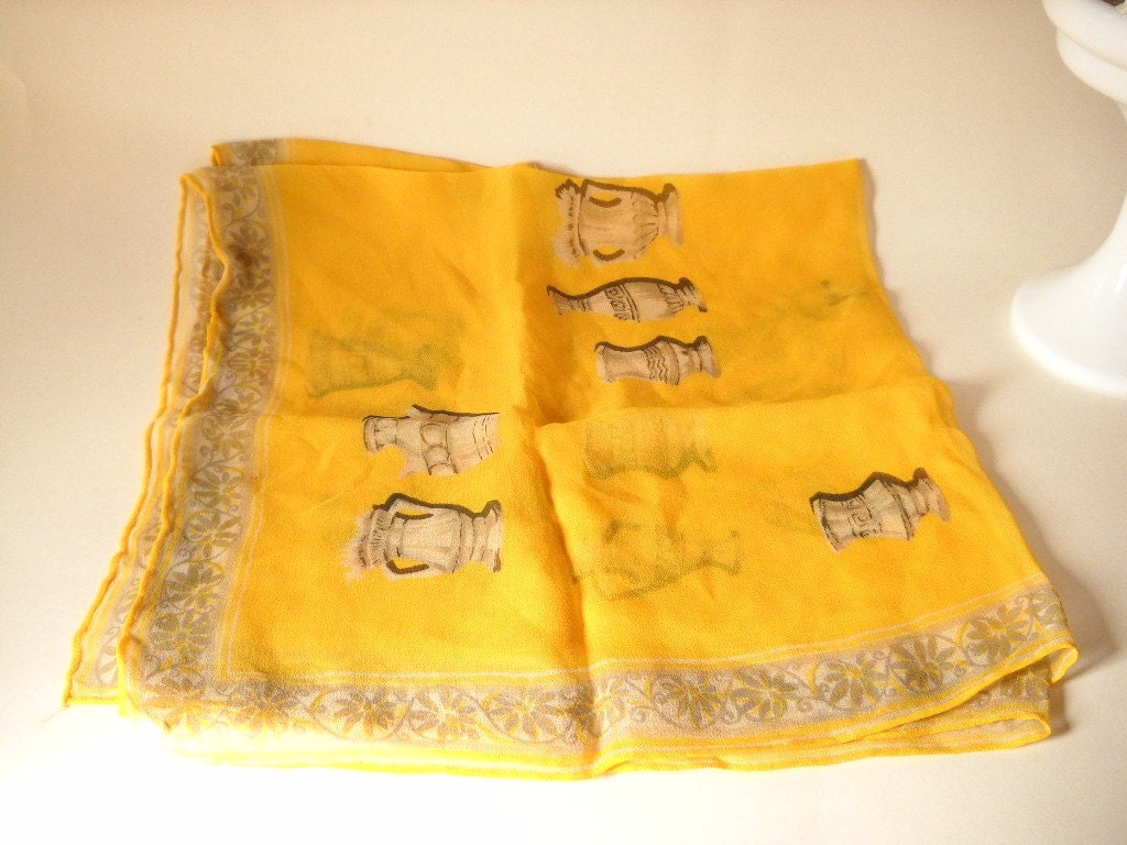 Vintage Scarf Chiffon Scarf Yellow Grecian Urn Pottery Archaeology Summer Fashion