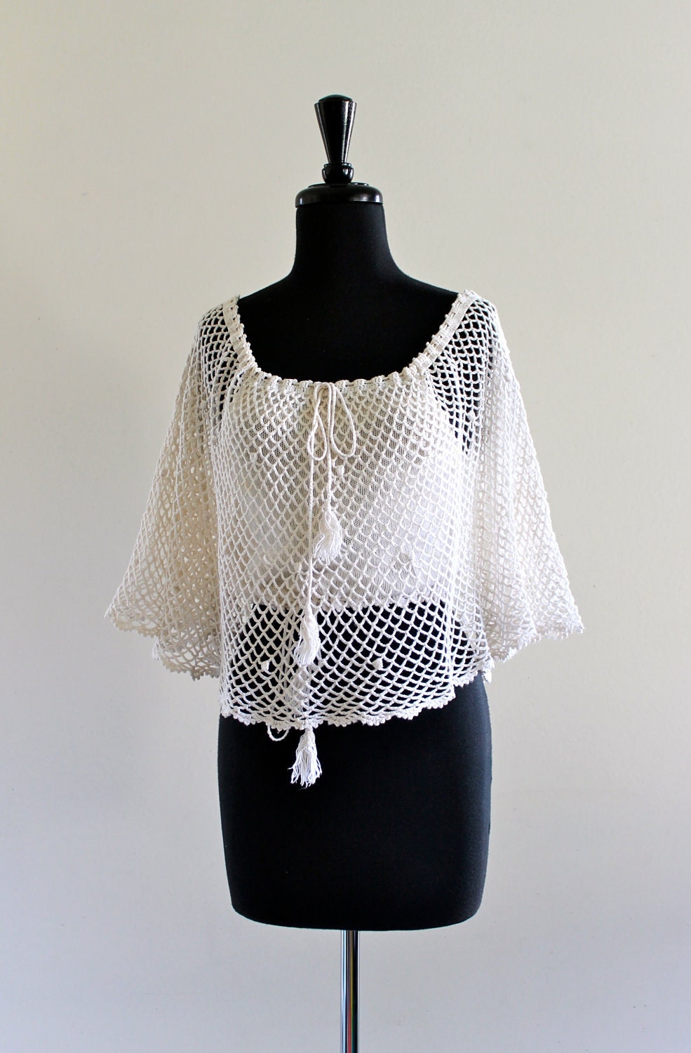 iVory BoHo Cotton CroCHet SheeR FluTTeR Hippie FestiVaL Cape BeachWeaR BatWing aNGeL bLouSe ToP ShiRt  . XS . small . SM . D210
