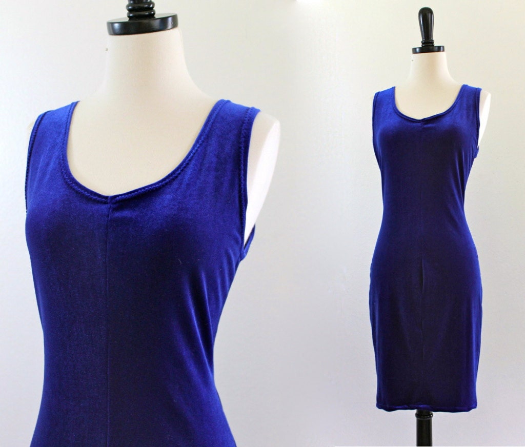Blue Stretch Velvet Tank Bandage Indie Body Con Cocktail Wiggle Mini Dress . medium . ML . Large . XL . D205