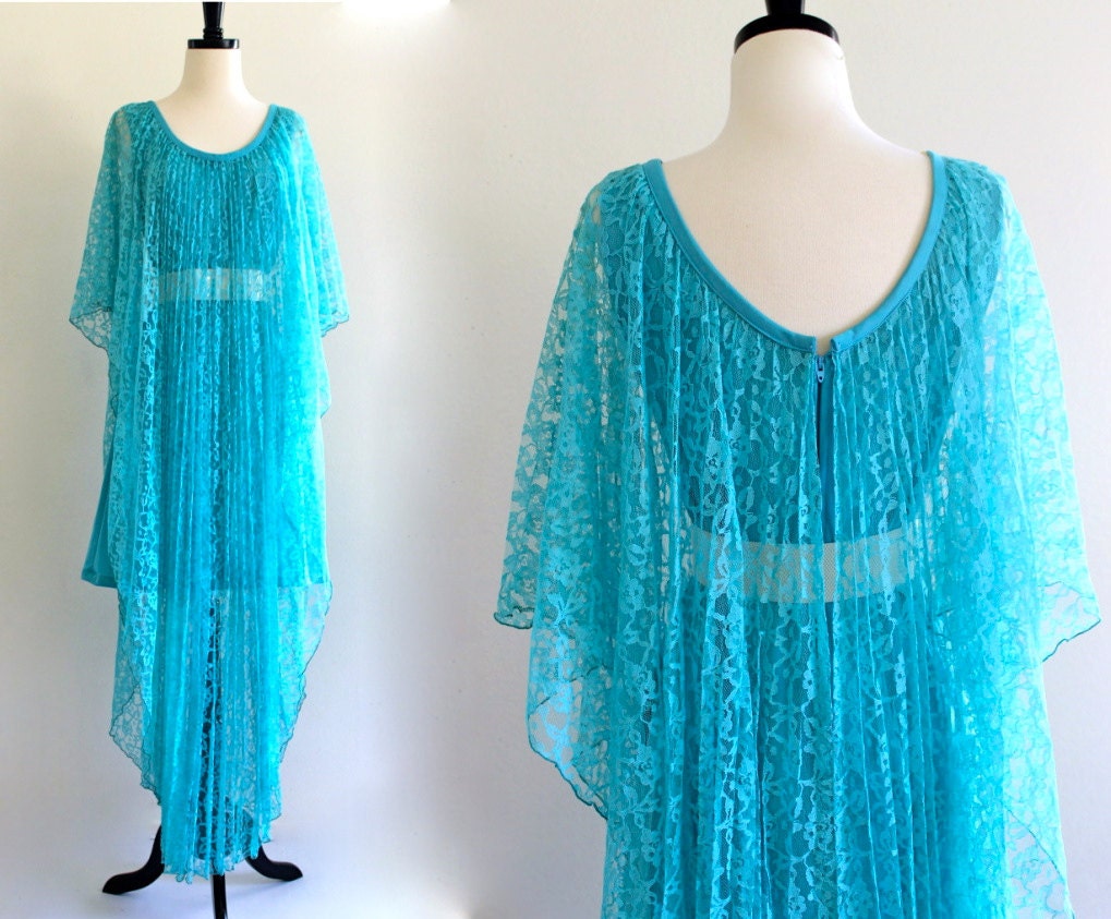 70s Lace Pleated Sheer Caftan Kaftan Boho Hippie Wedding Mini Maxi Goddess Dress Gown . SML . D142
