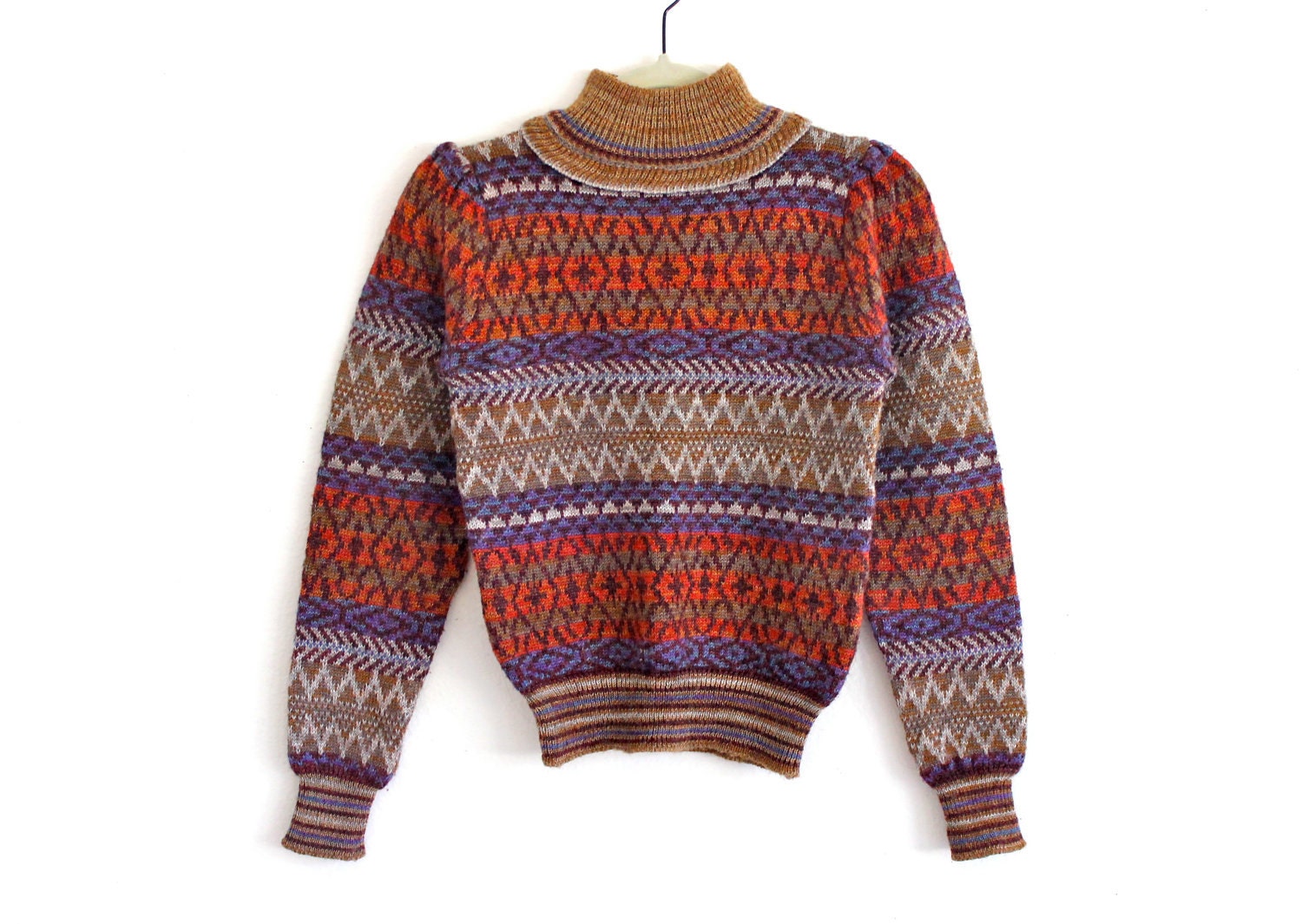 reserved / until July 15 / 70s Knit Wool Stripe Ruffle Turtle Neck Puff Sleeve Boho Hippie Preppy School Girl Sweater . XS . small . D186