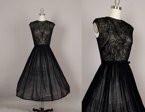 vintage 1950s dress 50s dress full skirt sheer black floral embroidered