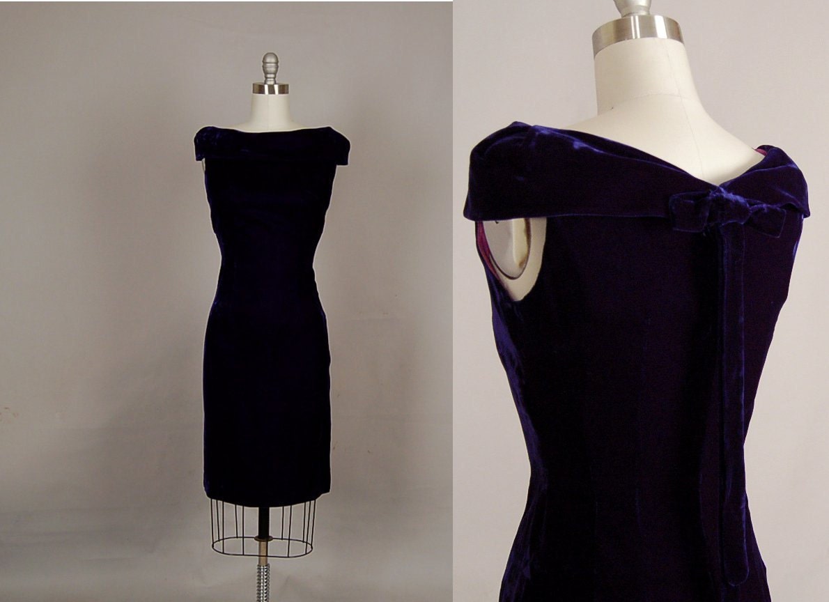 vintage 1950s dress 50s wiggle dress velvet royal blue off shoulder party