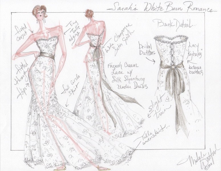 Wedding Gown Sketch, Your Custom Design with Fabric Suggestions