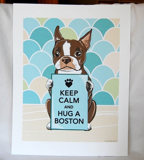 Keep Calm Brown Boston Terrier with Scaled Background - 7x9 Eco-friendly Print