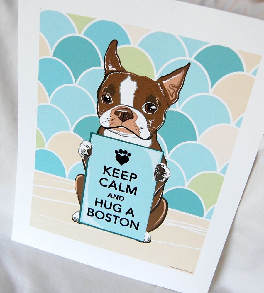Keep Calm Brown Boston Terrier with Scaled Background - 7x9 Eco-friendly Print
