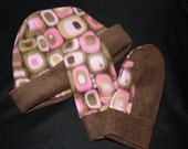 Brown and Pink Dotted Fleece Hat and Mitten Set--in stock an ready to ship--ON SALE