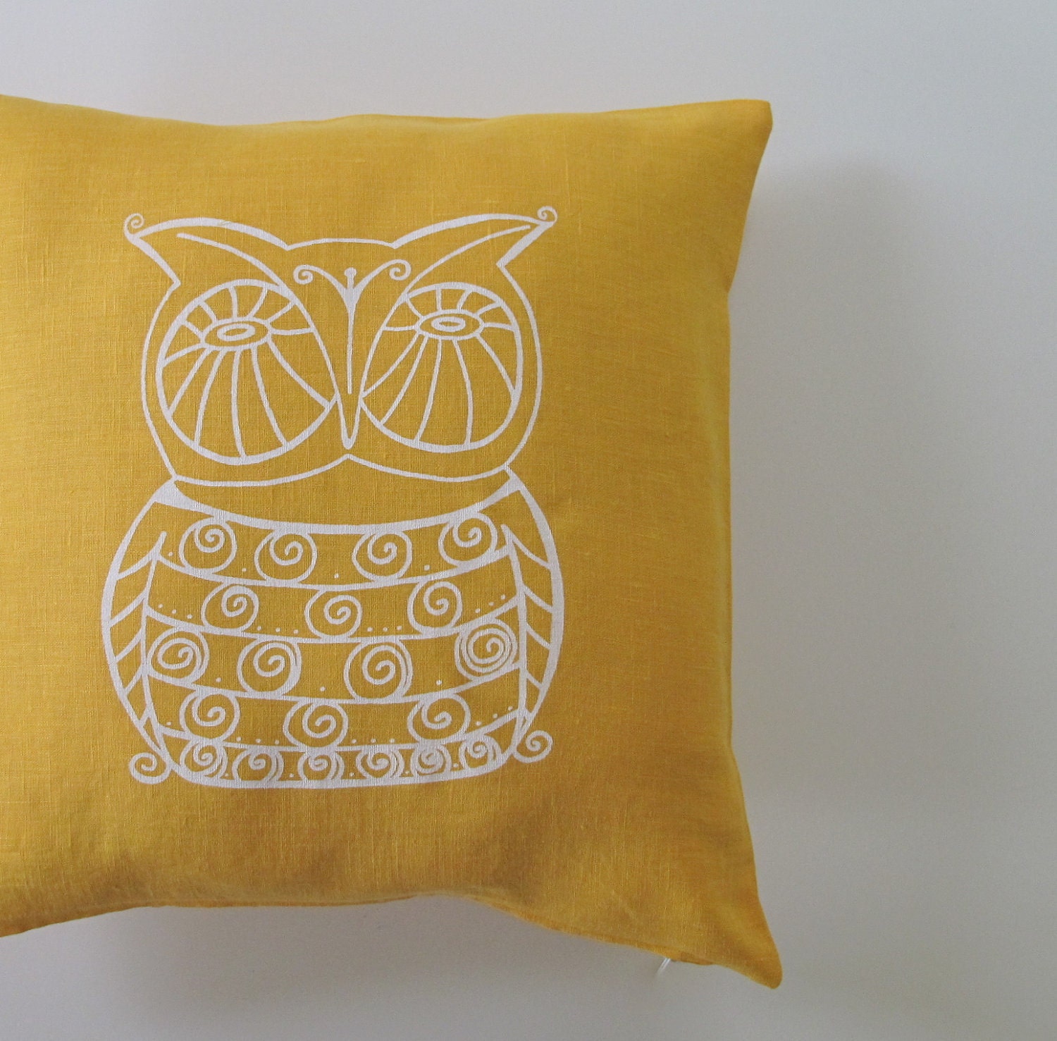 Pillow Cover Cushion Cover Owl on Mustard Yellow Linen 16 x 16 inches
