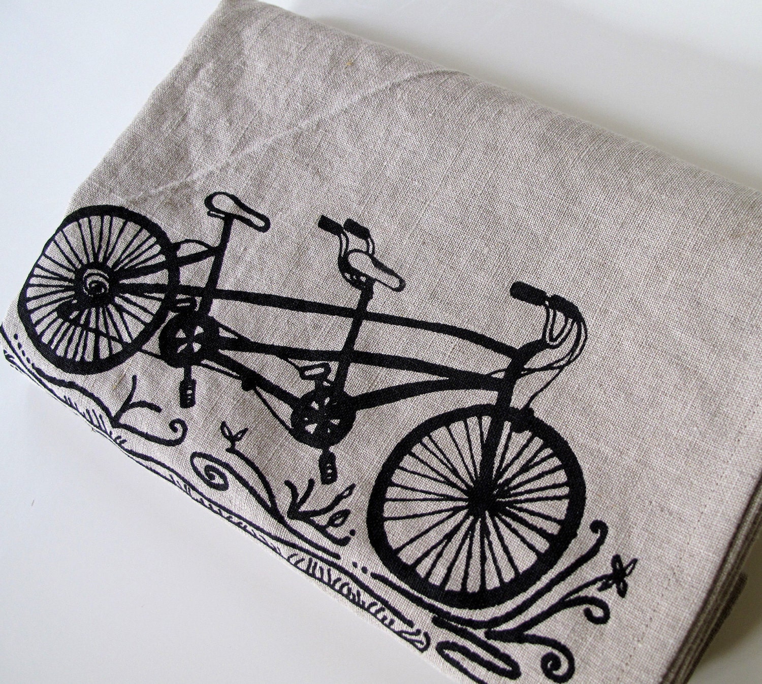 Linen Tea Towel - Natural Unbleached Linen with Tandem Bicycle in Black