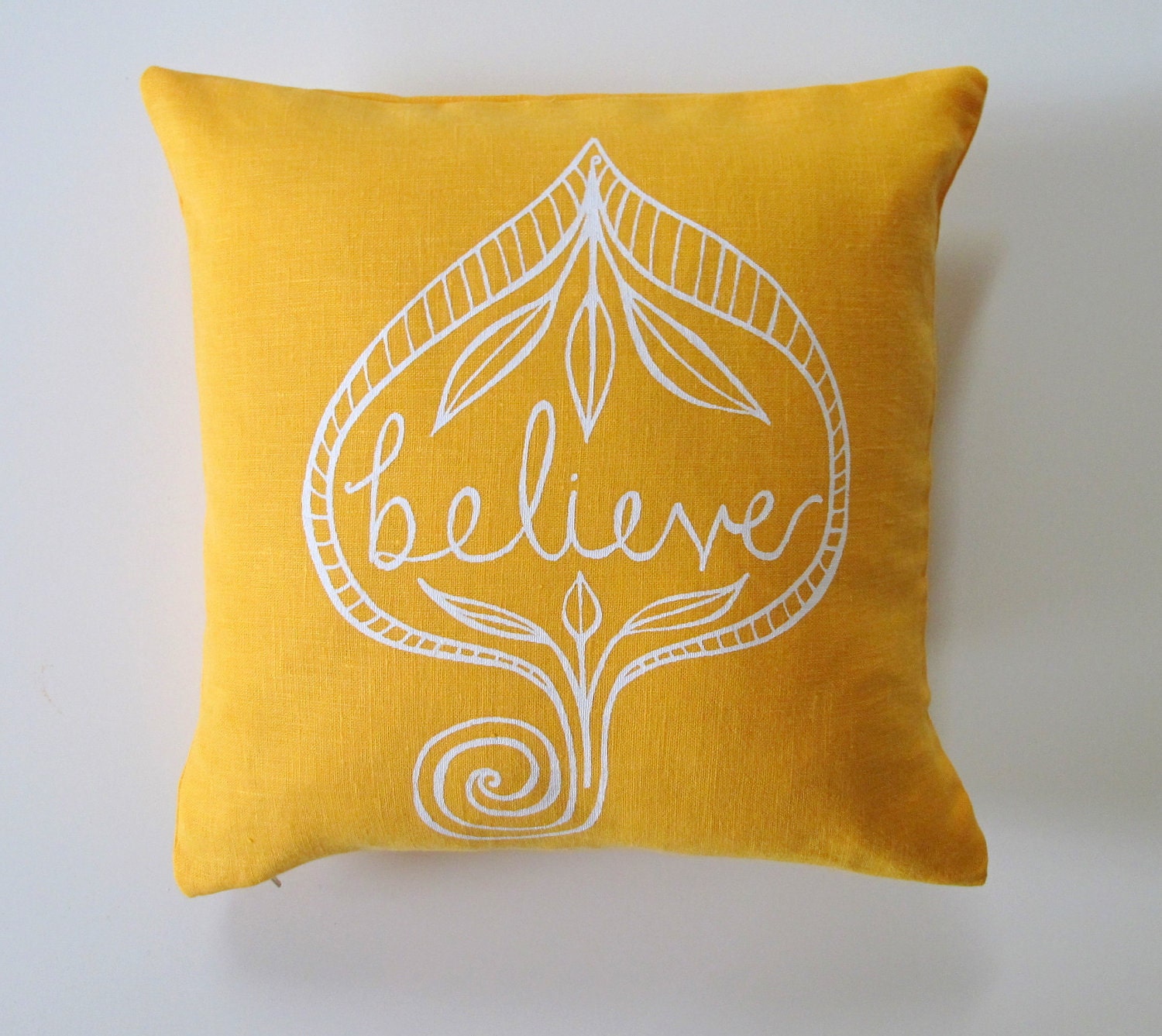 Pillow Cover - Cushion Cover - Believe in White on Mustard Yellow Linen - 12 x 12  inches