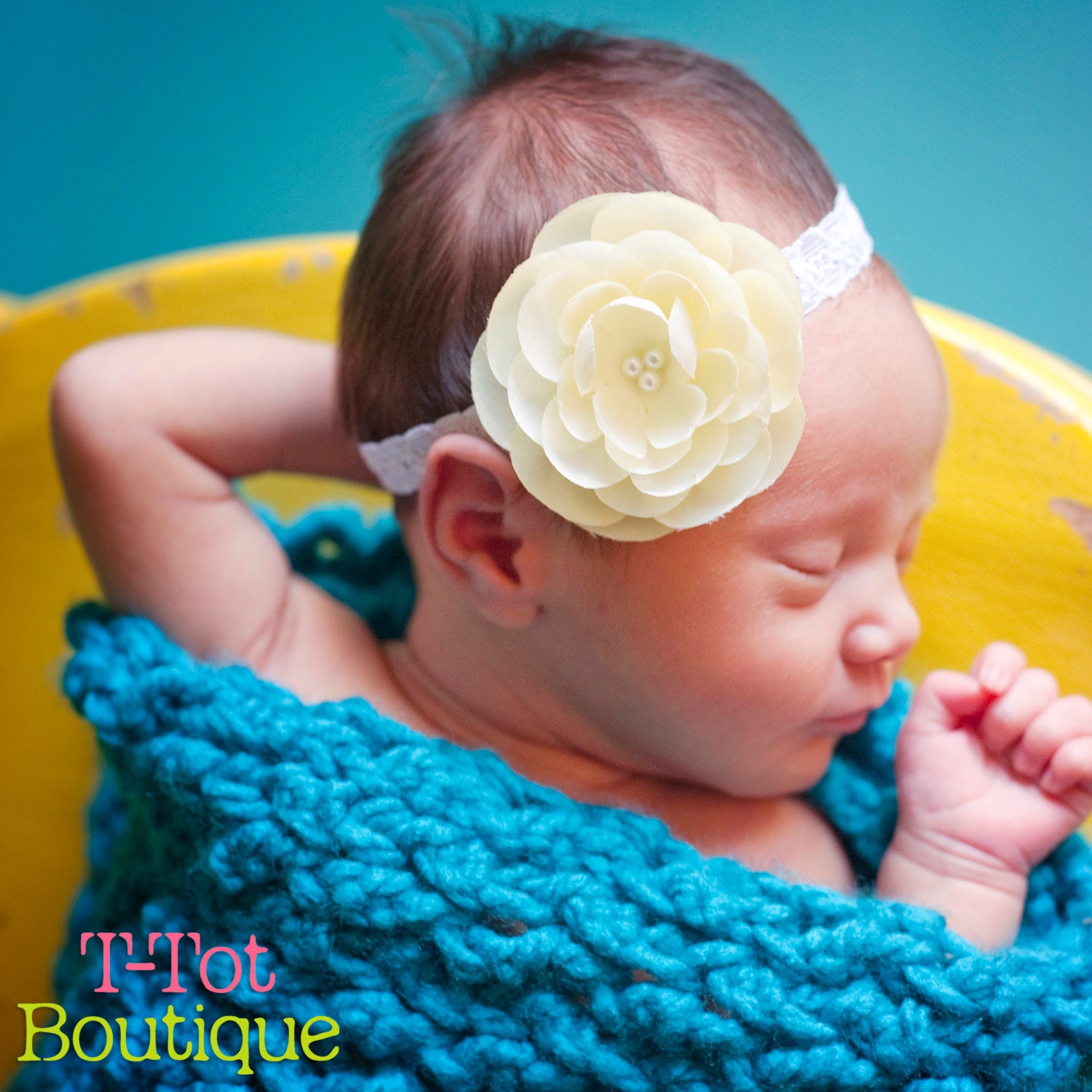 Sweet Baby Maize Light Yellow flower on a White Lace Elastic Headband