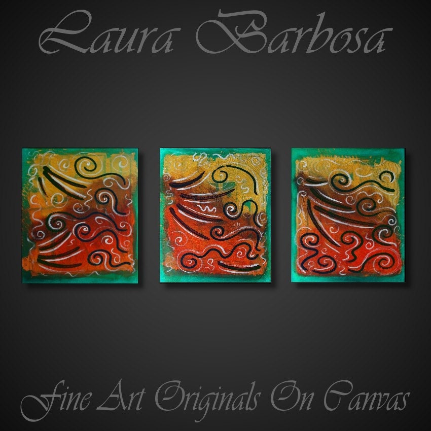 SALE - ORIGINAL 3 piece triptych contemporary abstract paintings by Laura Barbosa