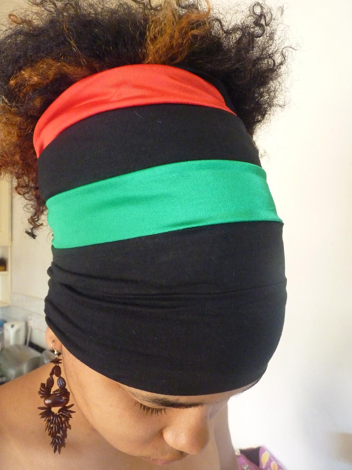 Rasta Reversible Garvey coloured pull on headband dreadband headwrap coloured and plain black