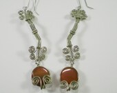 Vintage Latin American Wrap Wire And Carnelian Dangle Pierced Earrings