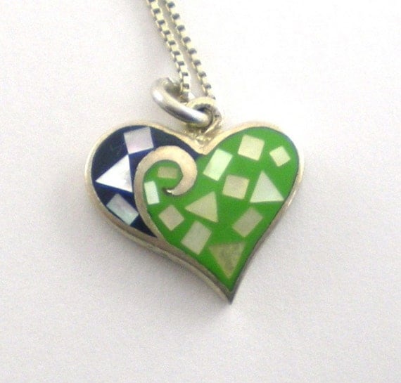 Heart Necklace Sterling Silver  With Mother Of Pearl Inlay Vintage Jewelry Blue Green Valentine's Day