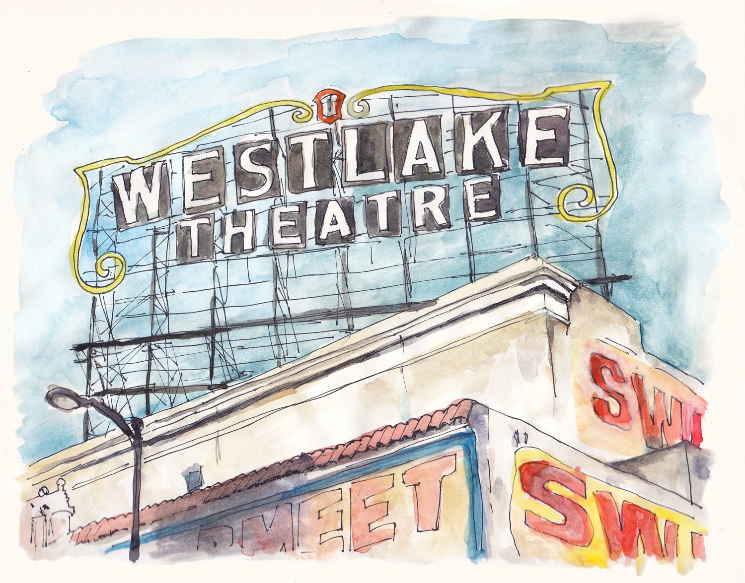 Westlake Theater Watercolor Print