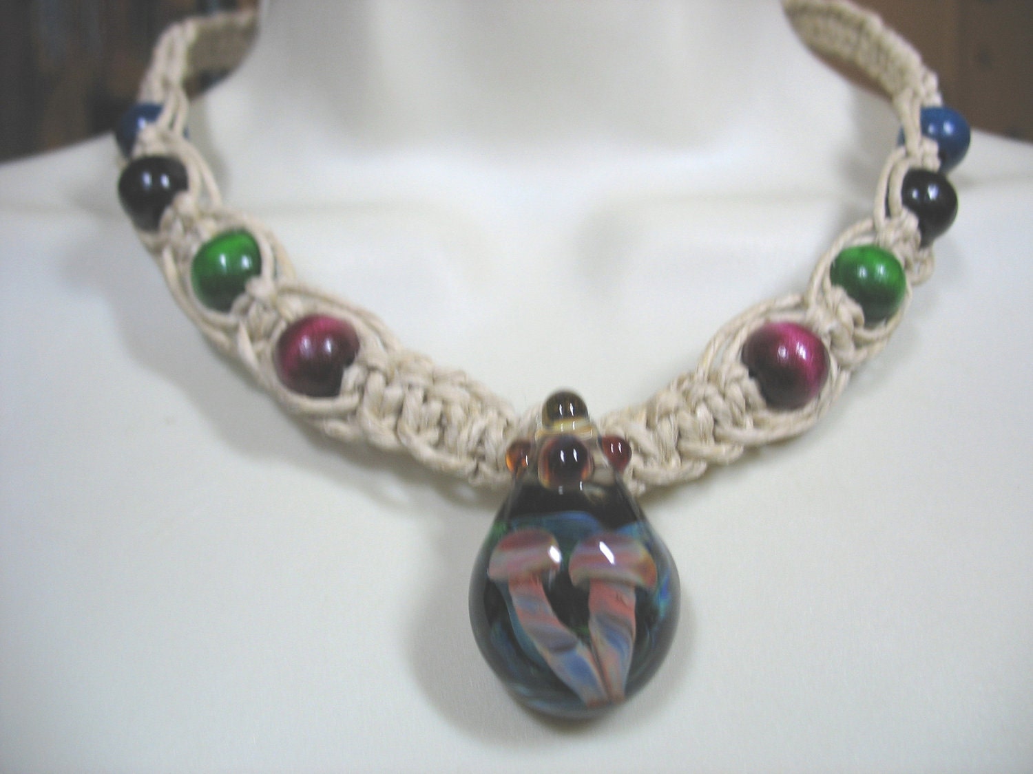 Thick Hemp Necklace with Double Mushroom Glass Pendant and wooden accents