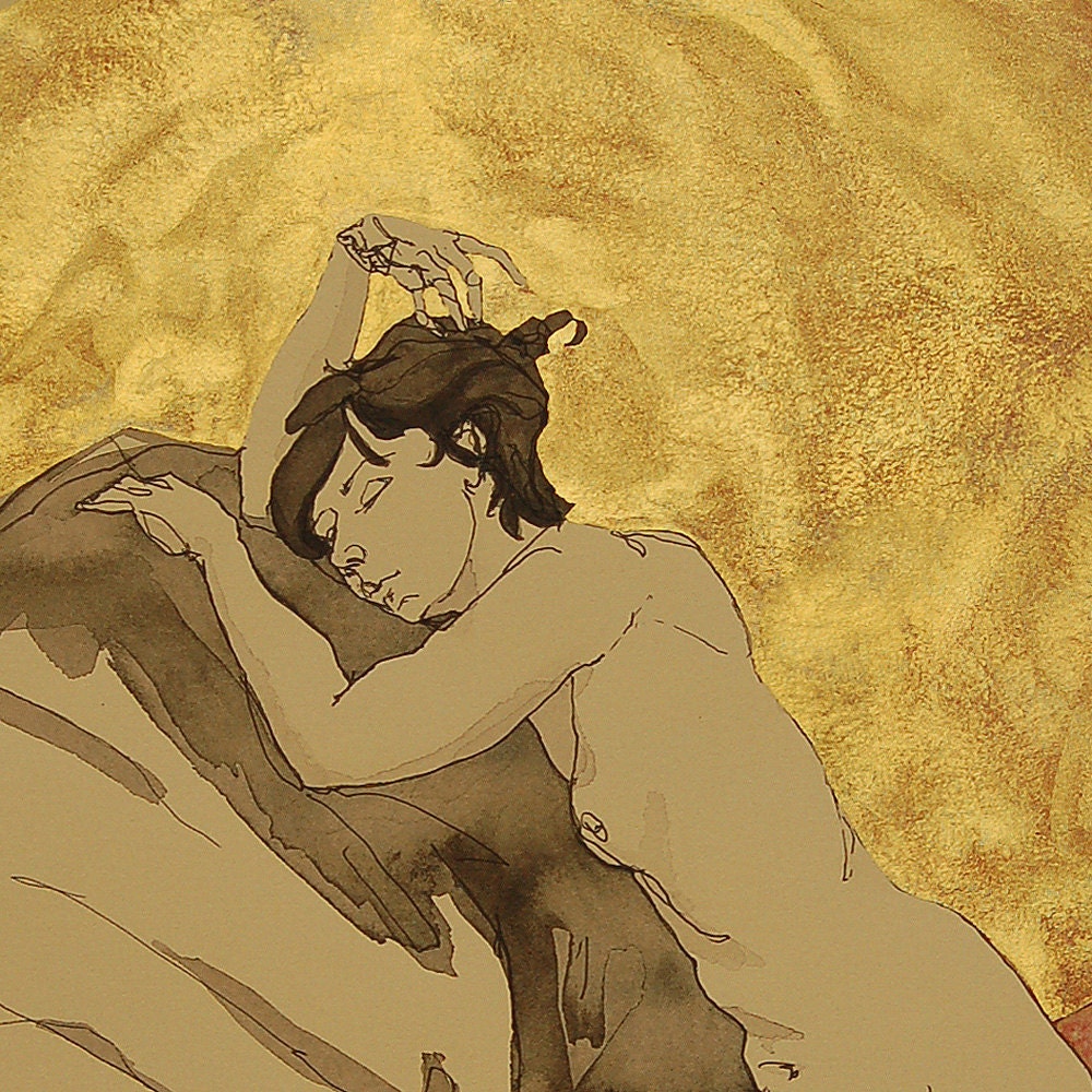 Christine pen ink and gold watercolor on tan paper figure drawing nude female