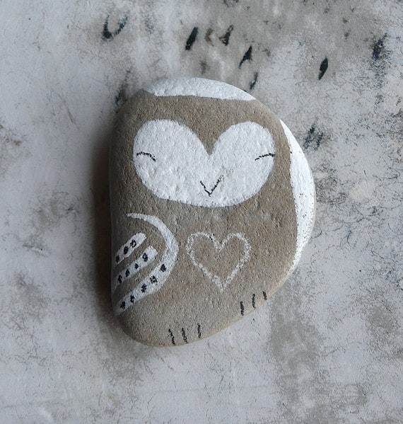 Flat Beach Stone Owl with a Heart