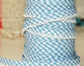 Bias Tape - Baby Blue Gingham Cotton and Lace Double Fold