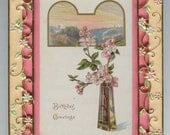 Gorgeous Gift Happy Birthday Framed Antique Postcard  Enameled Floral Frame SO Pretty