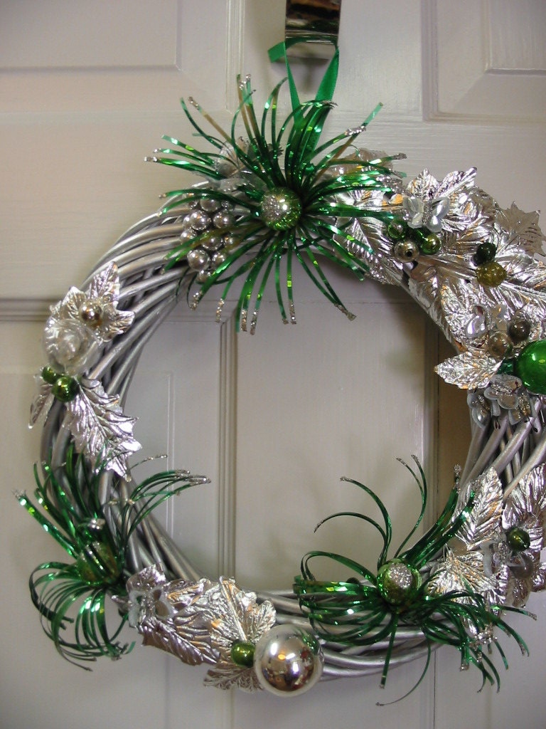 Silver And Green Christmas Wreath With Vintage Embellishments Leaves And Baubles Atomic Starburst Flowers