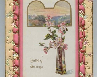 Gorgeous Gift Happy Birthday Framed Antique Postcard  Enameled Floral Frame SO Pretty