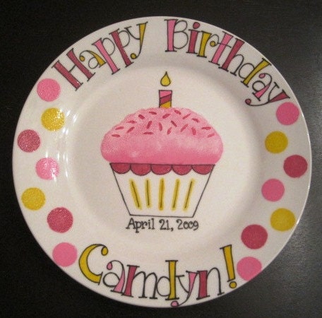 Hand Painted Happy Birthday Keepsake Plate . Personalized Girl Cupcake with Frosting and Sprinkles