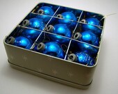 Beautiful Set of 9 Vintage Glass Blue Christmas Bulbs In A Snowflake Tin