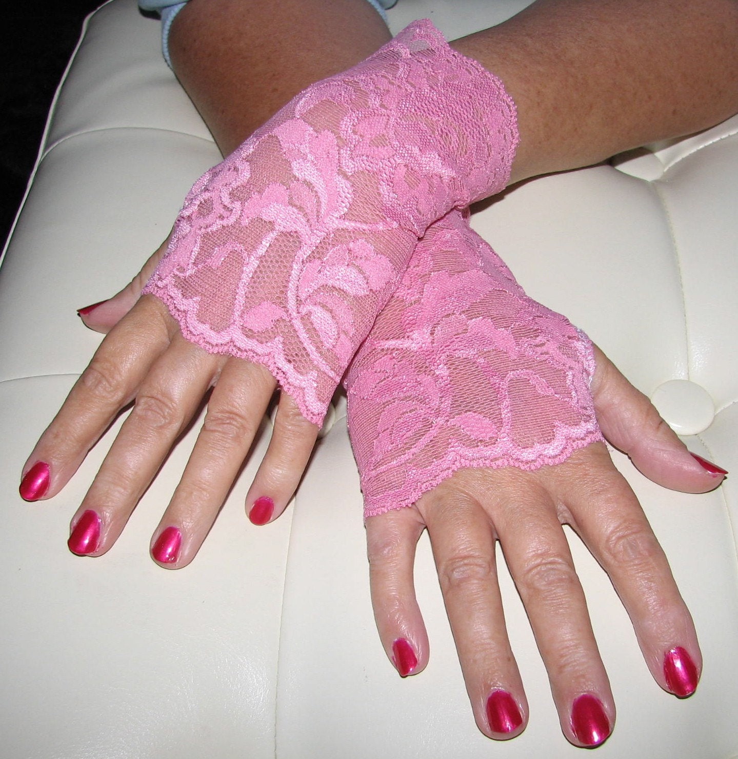 Deep Pink Delicate Lace Fingerless Gloves Arm Warmers Fairy Princess goes with my Sexy Pearl Strand Panties