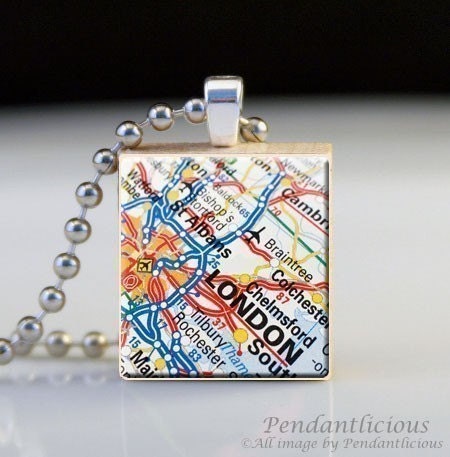FREE CHAIN - Scrabble Tile Pendant - Map of London