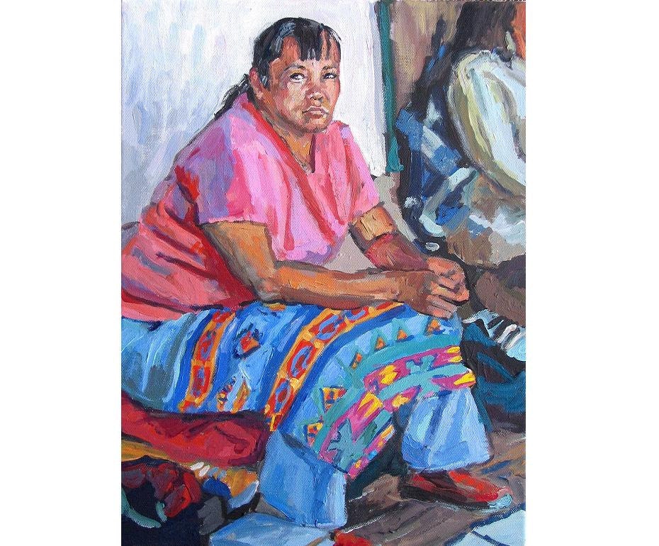 Southwestern Fine Art Print 8x10, "Indian Market, Santa Fe", pink fuchsia blue Painting by Gwen Meyerson
