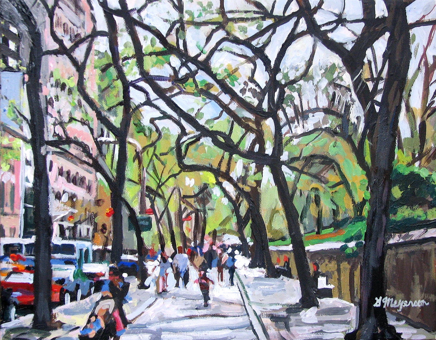 Spring Fine Art Print 8x10, "Trees On Fifth Avenue" New York City Cityscape Green Brown Painting by Gwen Meyerson