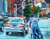 Original Spring Cityscape Painting City Delivery Biker Downtown, Fine Art NYC blue mauve New York Urban Painting Gwen Meyerson