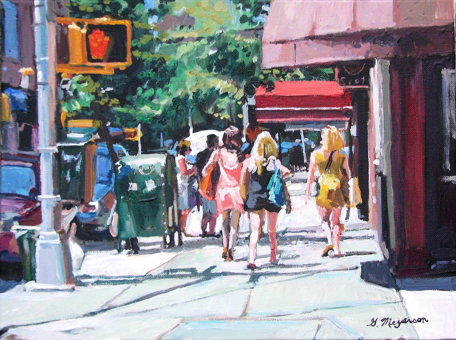 Original Summer Cityscape Painting,Girls On Bleecker Street, mauve pink New York City NYC Urban  Fine Art Gwen Meyerson