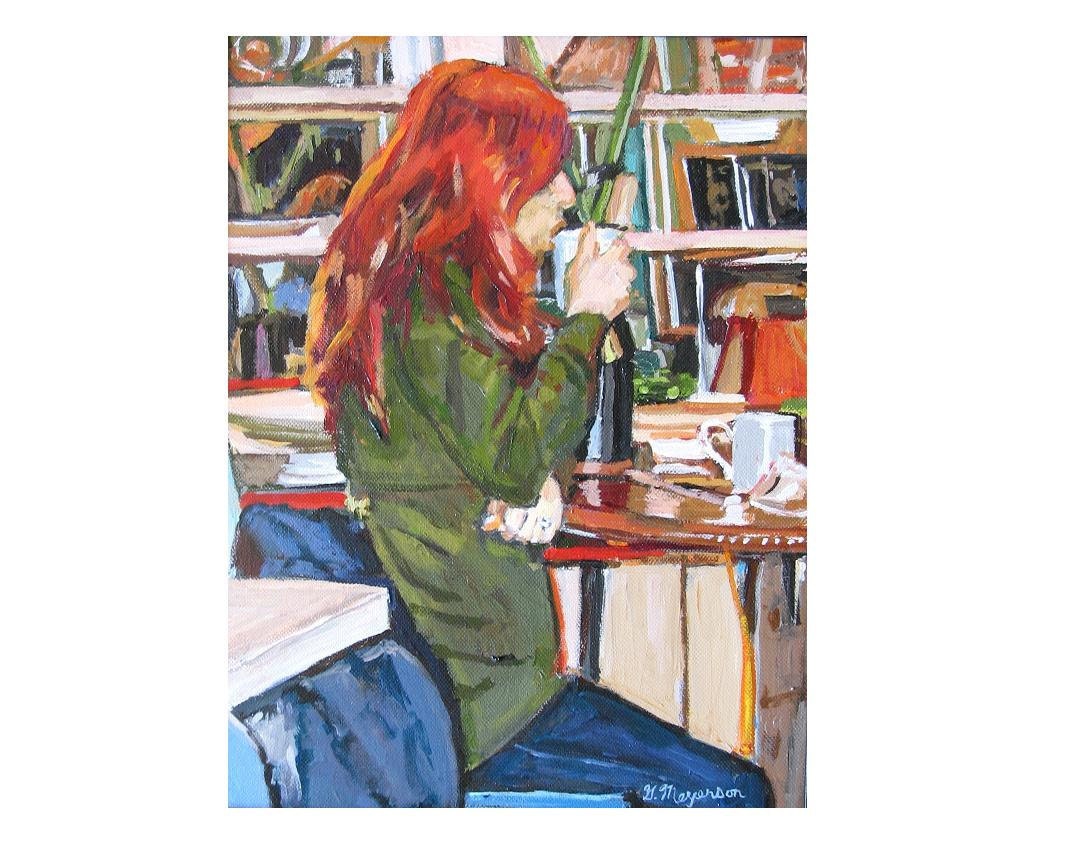 Redhead in Coffee Shop 8X10 Art Print Figurative red orange green Interior painting by Gwen Meyerson