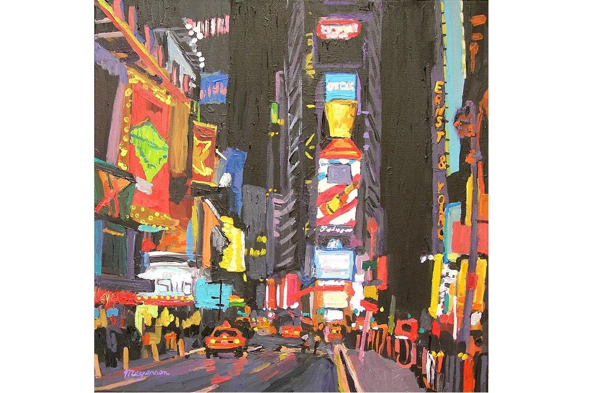 NYC Fine Art Print 8x8, "Times Square Neon" New York City black red yellow  Cityscape Painting by Gwen Meyerson