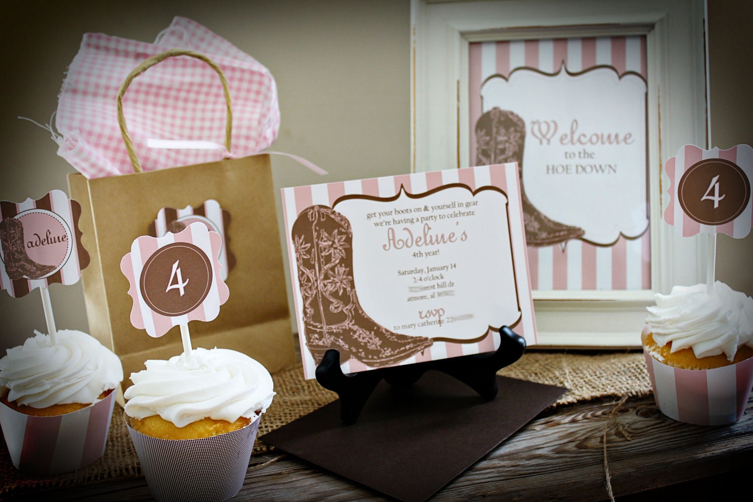 Cowgirl Party  Pack with invitations, toppers, tags, signage, thank you notes for girl for birthday, shower, birth announcement