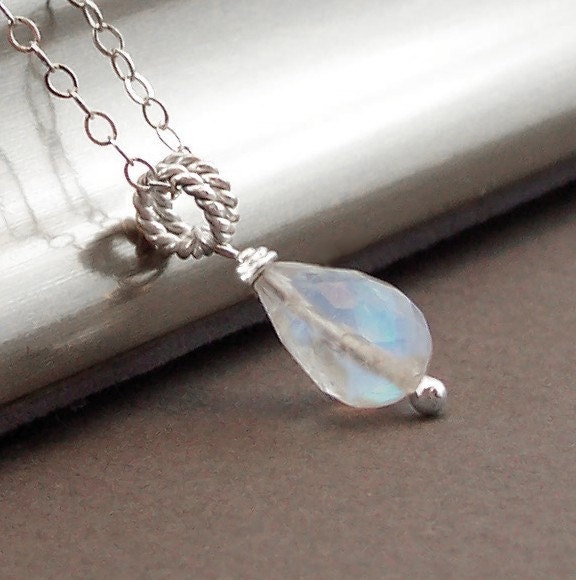 Rainbow Moonstone Necklace Sterling Silver Solitaire Gemstone Blue Flash Teardrop Briolette- Rose Garden - Handmade Spring Fashion