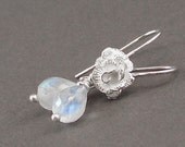Rainbow Moonstone Earrings Sterling Silver Rose Ear Wires Gemstone Teardrop Solitaire - Rose Garden - Handmade Spring Fashion