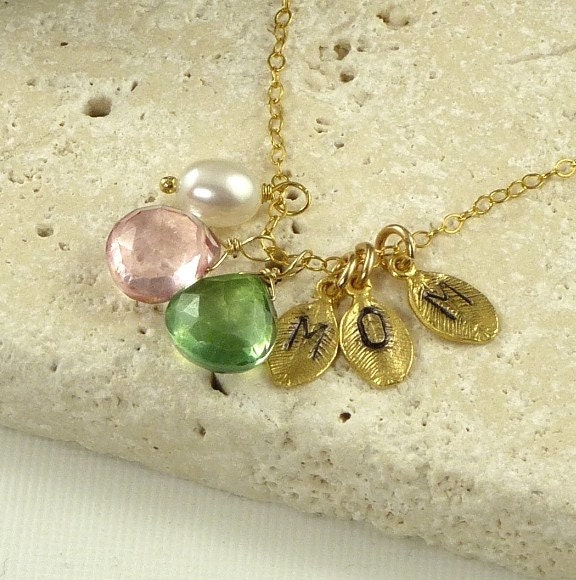 Personalized Jewelry Custom Gemstone Initial Leaf Pearl Charm Gold or Sterling Silver Necklace - Tokens Of Love - Handmade Mothers Jewelry