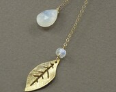 Rainbow Moonstone Lariat Necklace 14K Gold Filled Gold Leaf Charm Lariat Necklace - Handmade Winter Wedding Jewelry