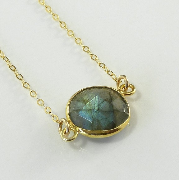 Labradorite Necklace 14K Gold Filled Solitaire Gemstone Blue Flash Bezel Set - Handmade Spring Fashion Bride Bridal
