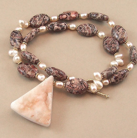 Statement Necklace Crystal Druzy Necklace with Leopard Jasper And Natural Pearls - Peaches and Cream - Handmade Winter Fashion