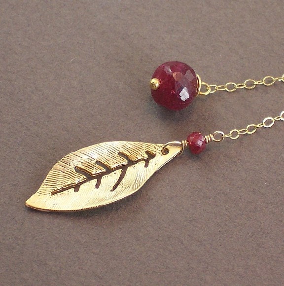 Red Ruby Necklace Gold Leaf Lariat  -  Juicy Berry - Handmade Winter Fashion