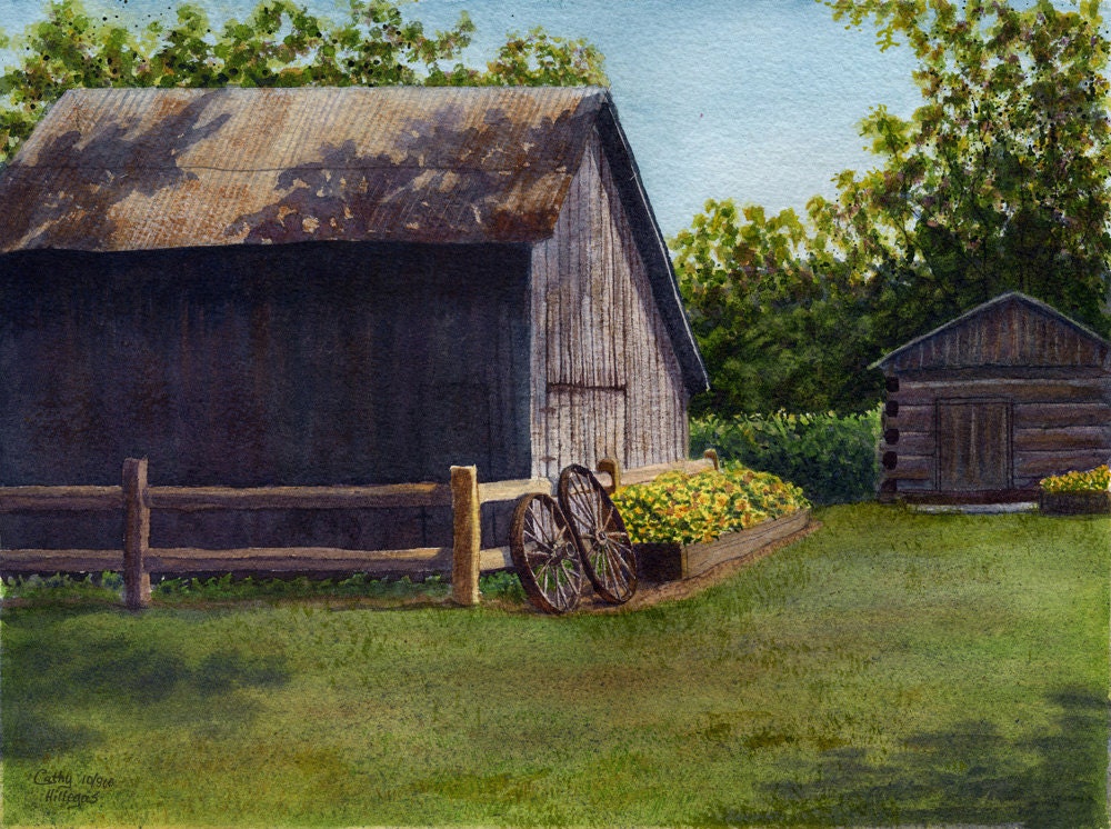 Barn Landscape Art Watercolor Painting Print of original painting by Cathy Hillegas, 8x10, brown, green blue, yellow